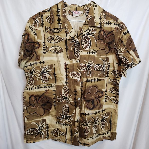 Vintage Hawaiian Camp Shirt Size Large Barefoot In Paradise Brown Pineapple - Picture 1 of 5